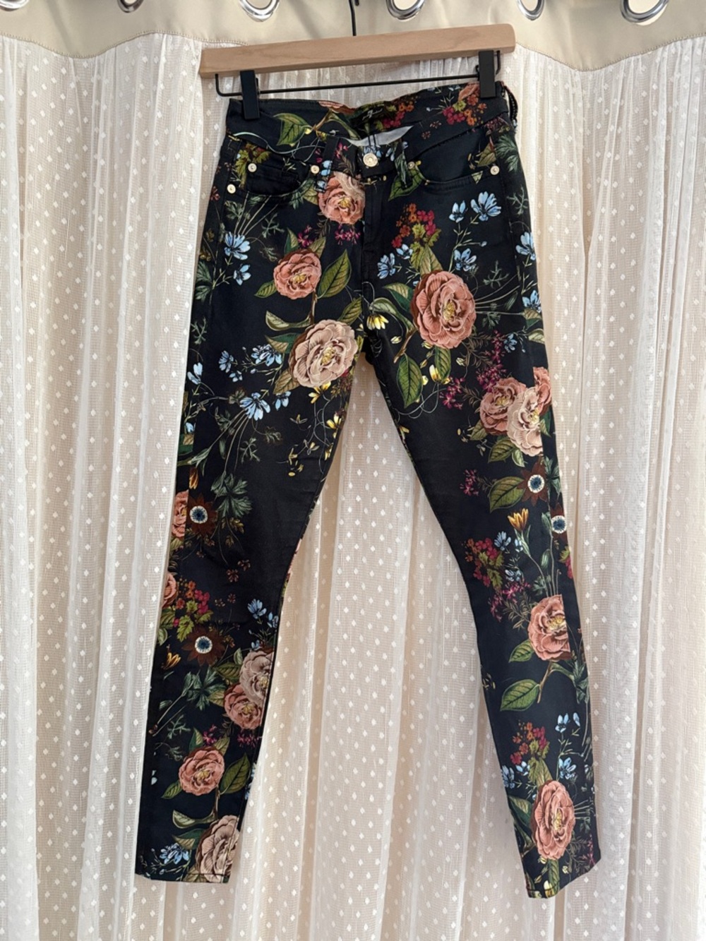 7 For All Mankind Black Floral Print Jeans with Multicolor Blooms